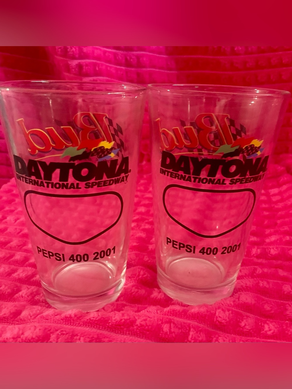 2 Vintage 16-oz Budweiser Daytona Speedway pint glasses 2001 Pepsi 400 race.